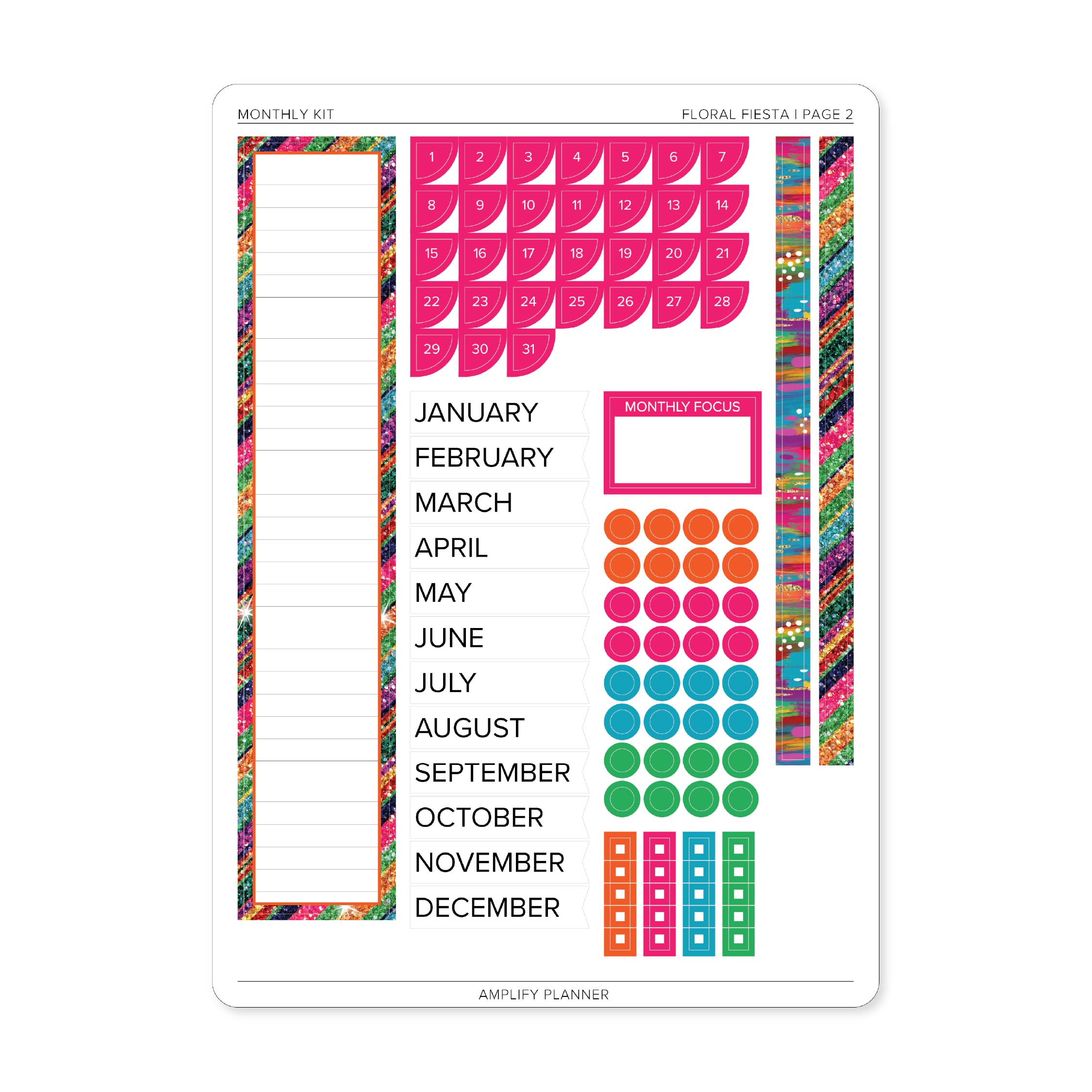 Floral Fiesta Monthly Sticker Kit page 2 featuring date covers, monthly labels, decorative circles, checklist stickers, and colorful washi strips.