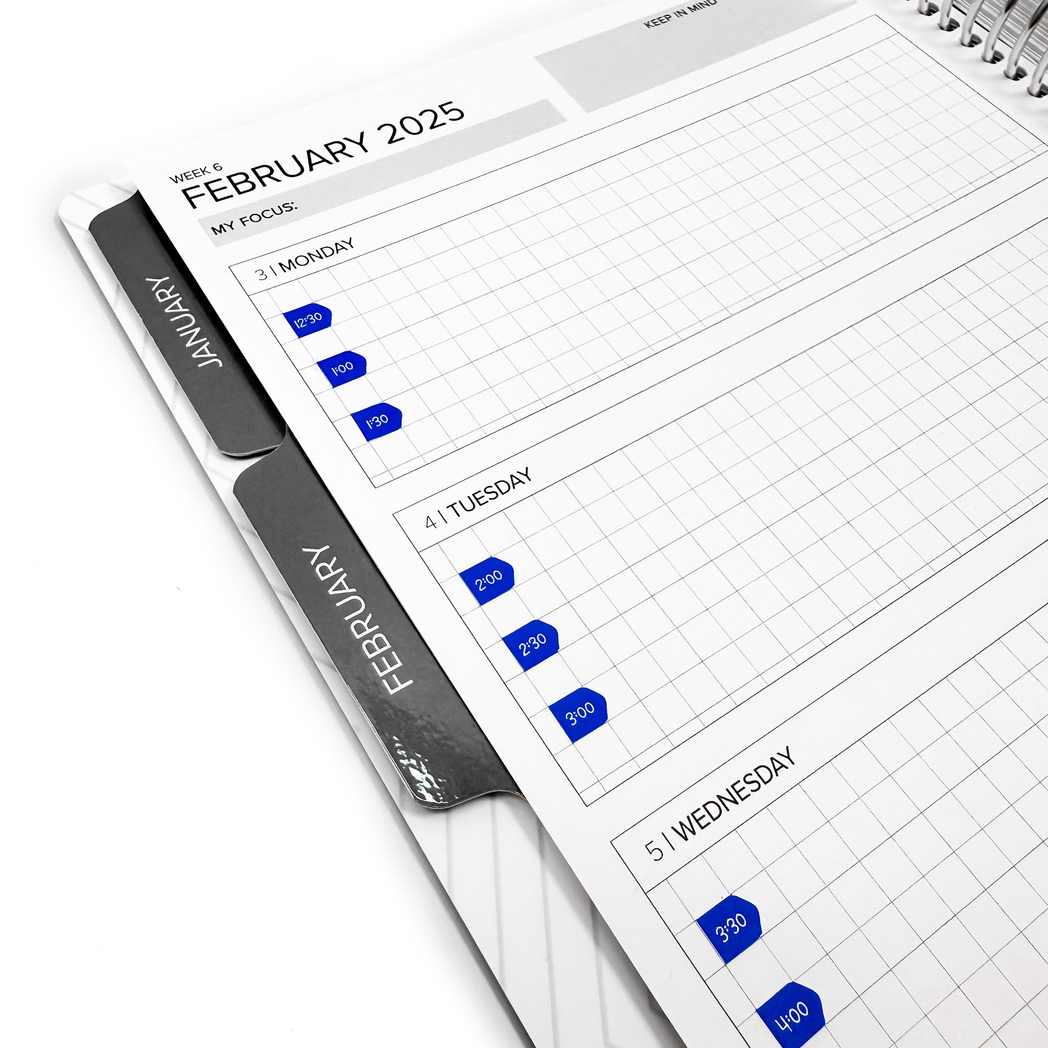 February 2025 weekly planner page showing Time Arrow Stickers for clear visualization of appointments and time blocks.