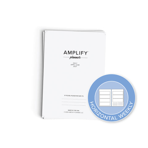 A white Amplify Planner horizontal weekly pad shown on a clean white background, with a blue circular badge overlay reading 'HORIZONTAL WEEKLY' and a small illustration of the page layout.