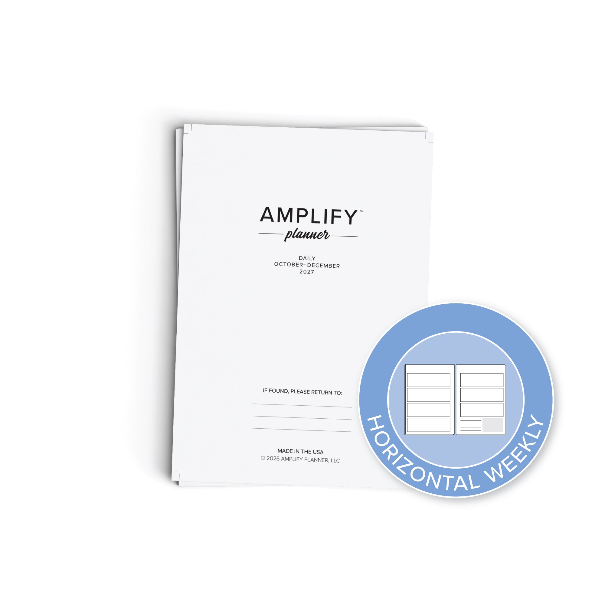 A white Amplify Planner horizontal weekly sheet with black text, shown standing upright on a white background with a blue circular badge overlay reading 'HORIZONTAL WEEKLY'.