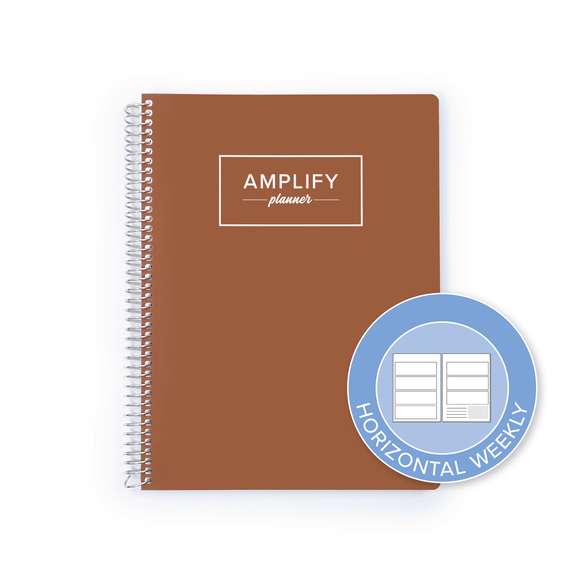 A brown spiral-bound planner labeled 'AMPLIFY planner' on the front, shown on a white background with a blue circular weekly chart insert.