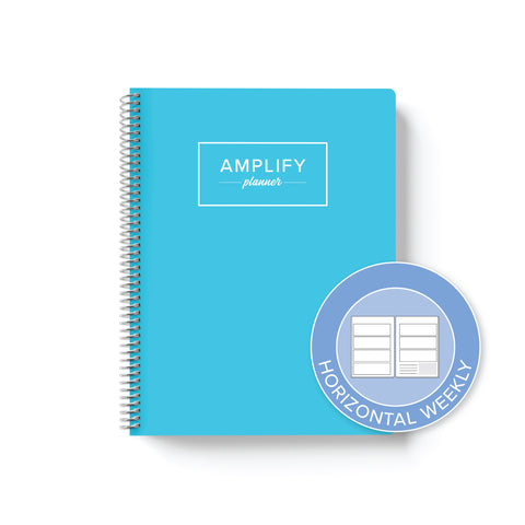 blue skies weekly Amplify Planner on white background with graphic showing horizontal weekly layout option