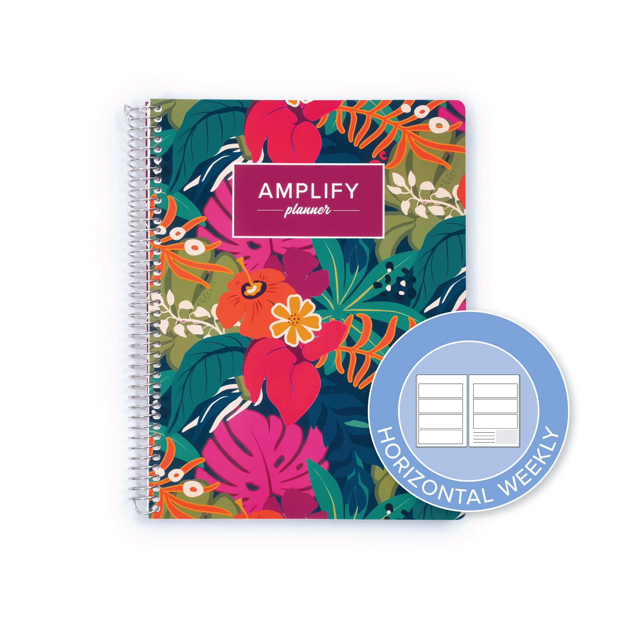 A spiral-bound planner titled 'AMPLIFY planner' with a colorful tropical floral cover, shown on a white background with a blue circular badge indicating a horizontal weekly layout.