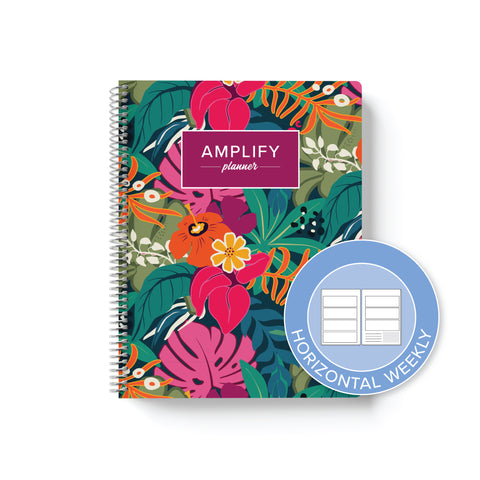 Boldly Tropical cover with graphic indicating horizontal weekly layout option in daily undated Amplify Planner