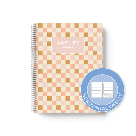 check in weekly Amplify Planner on white background with graphic showing horizontal weekly layout option