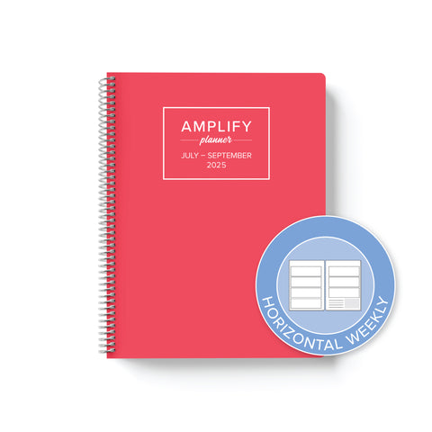 coral crush cover with graphic indicating horizontal weekly layout option in Q3 2025 daily Amplify Planner