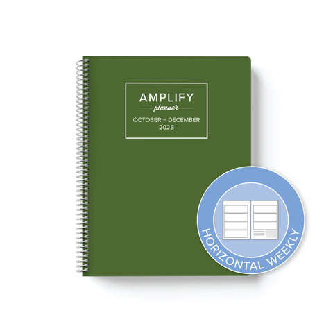 cozy pines cover with graphic indicating horizontal weekly layout option in Q4 2025 daily Amplify Planner