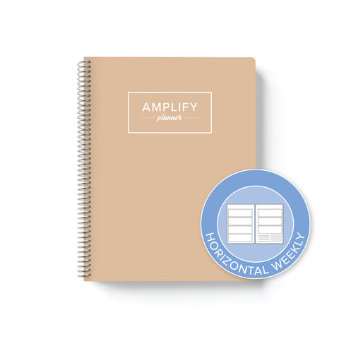 golden light weekly Amplify Planner on white background with graphic showing horizontal weekly layout option
