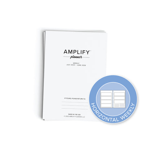 printable july 2025-June 2026 weekly amplify planner on white background showing horizontal weekly layout