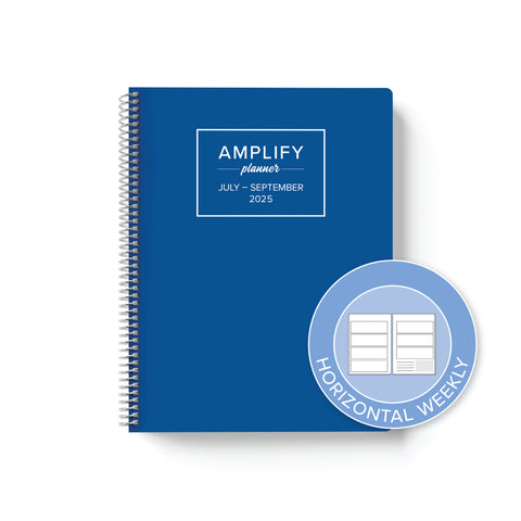 lagoon blue cover with graphic indicating horizontal weekly layout option in Q3 2025 daily Amplify Planner