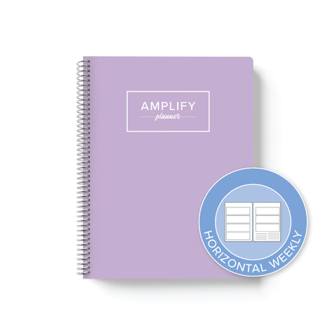 Lavender Grace cover with graphic indicating horizontal weekly layout option in daily undated Amplify Planner