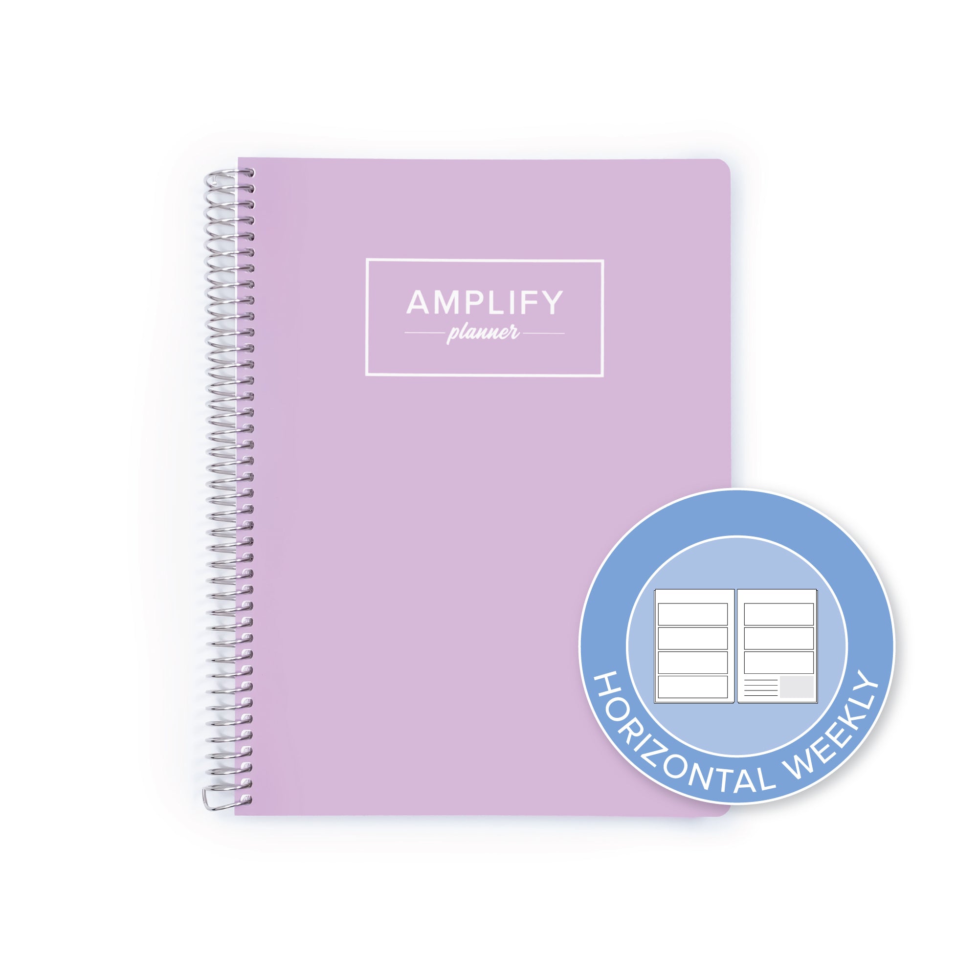 A lavender purple spiral-bound planner with a white logo reading 'AMPLIFY planner' on the cover, shown on a white background with a blue circular badge overlay that says 'HORIZONTAL WEEKLY'.