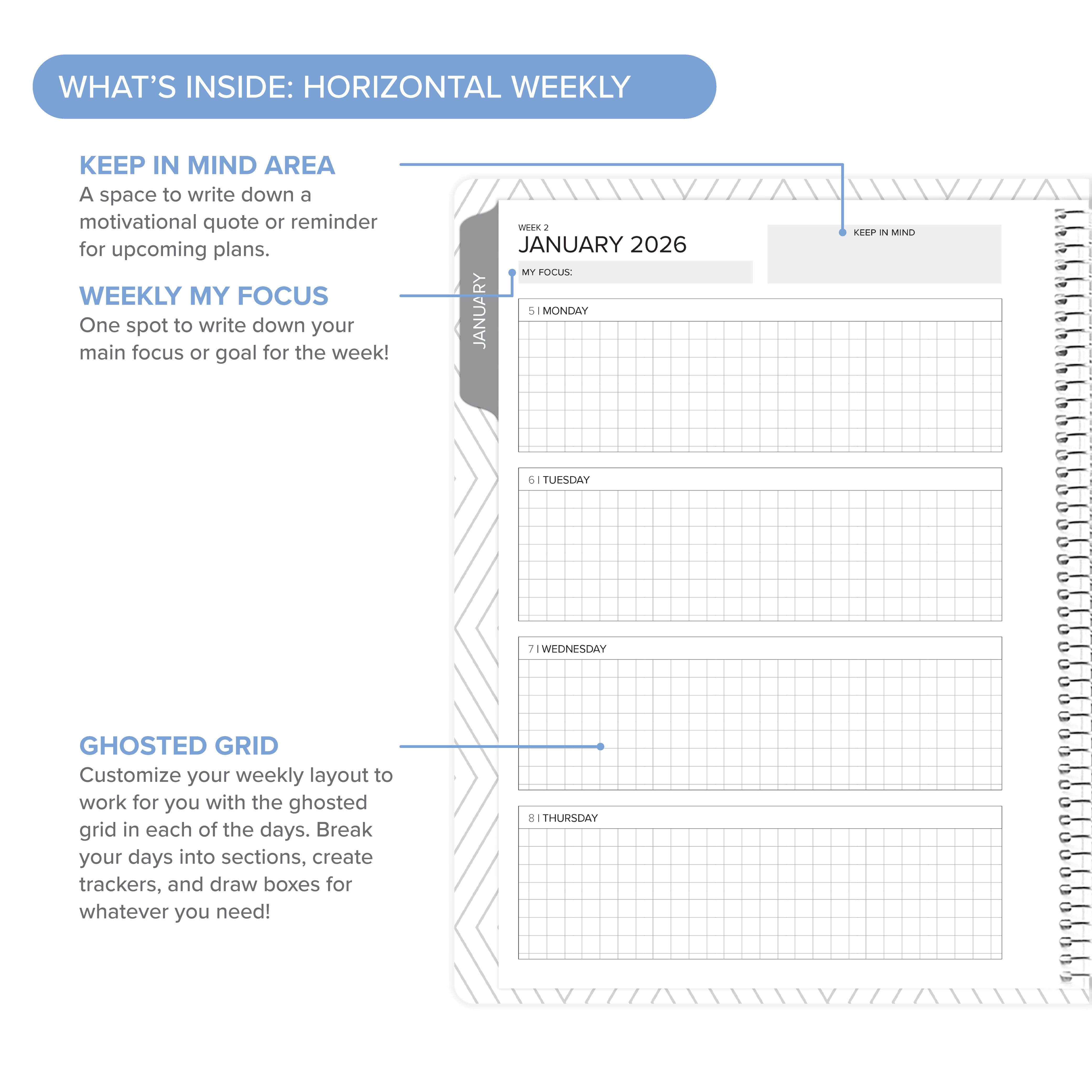 Detailed view of the Horizontal Weekly layout in the Daily Planner - January-March 2026, emphasizing space for notes and reminders.