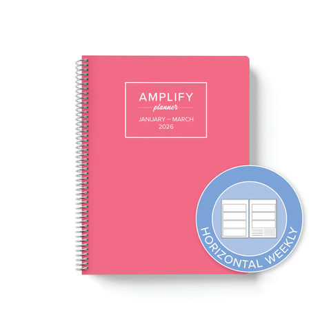 Daily Planner - January-March 2026 featuring horizontal weekly layout option, designed by Amplify Planner in a cheerful pink color.