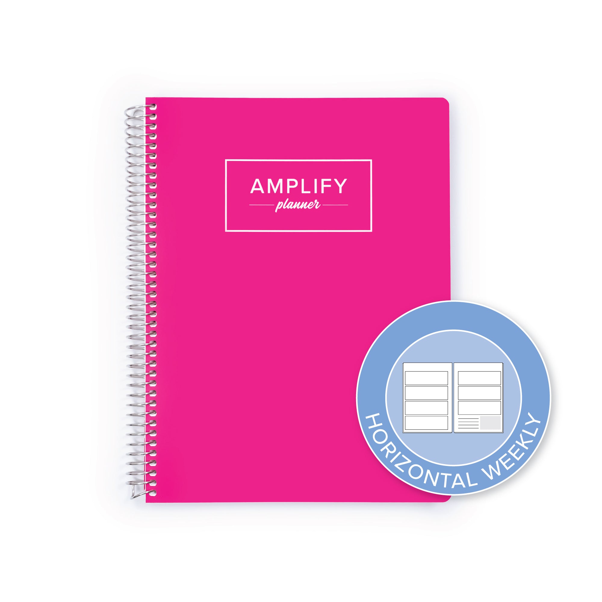 Make Move Pink cover with graphic indicating horizontal weekly layout option in daily undated Amplify Planner