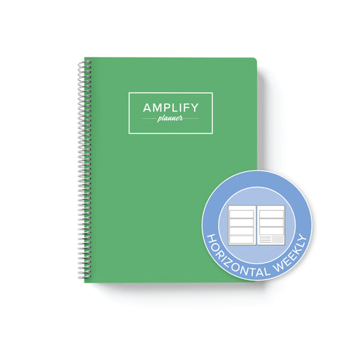 new leaf green weekly Amplify Planner on white background with graphic showing horizontal weekly layout option