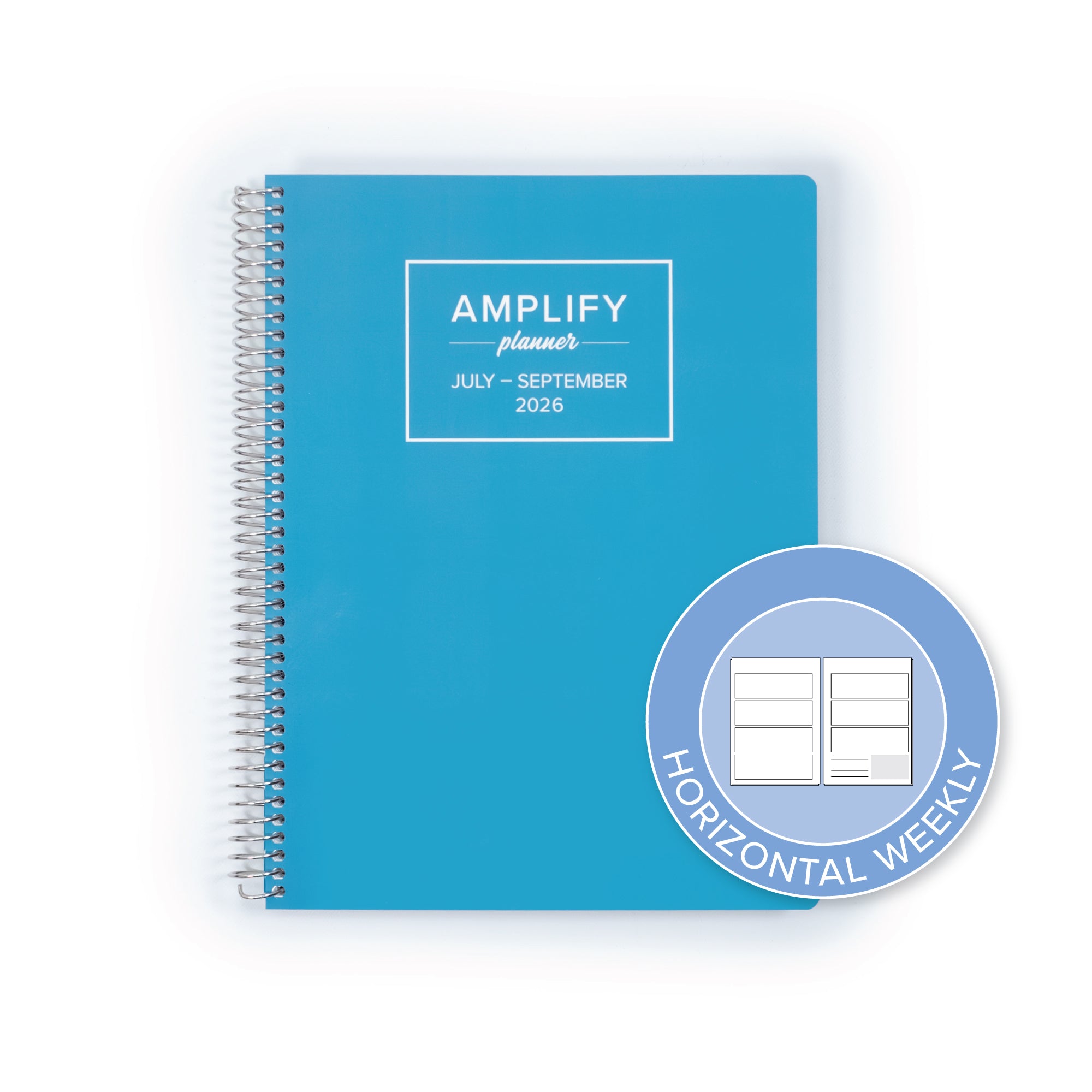 Daily Planner - July-September 2026 displaying a horizontal weekly layout, with a vibrant Poolside Blue cover by Amplify Planner.