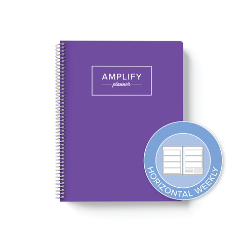 purple perspective weekly Amplify Planner on white background with graphic showing horizontal weekly layout option