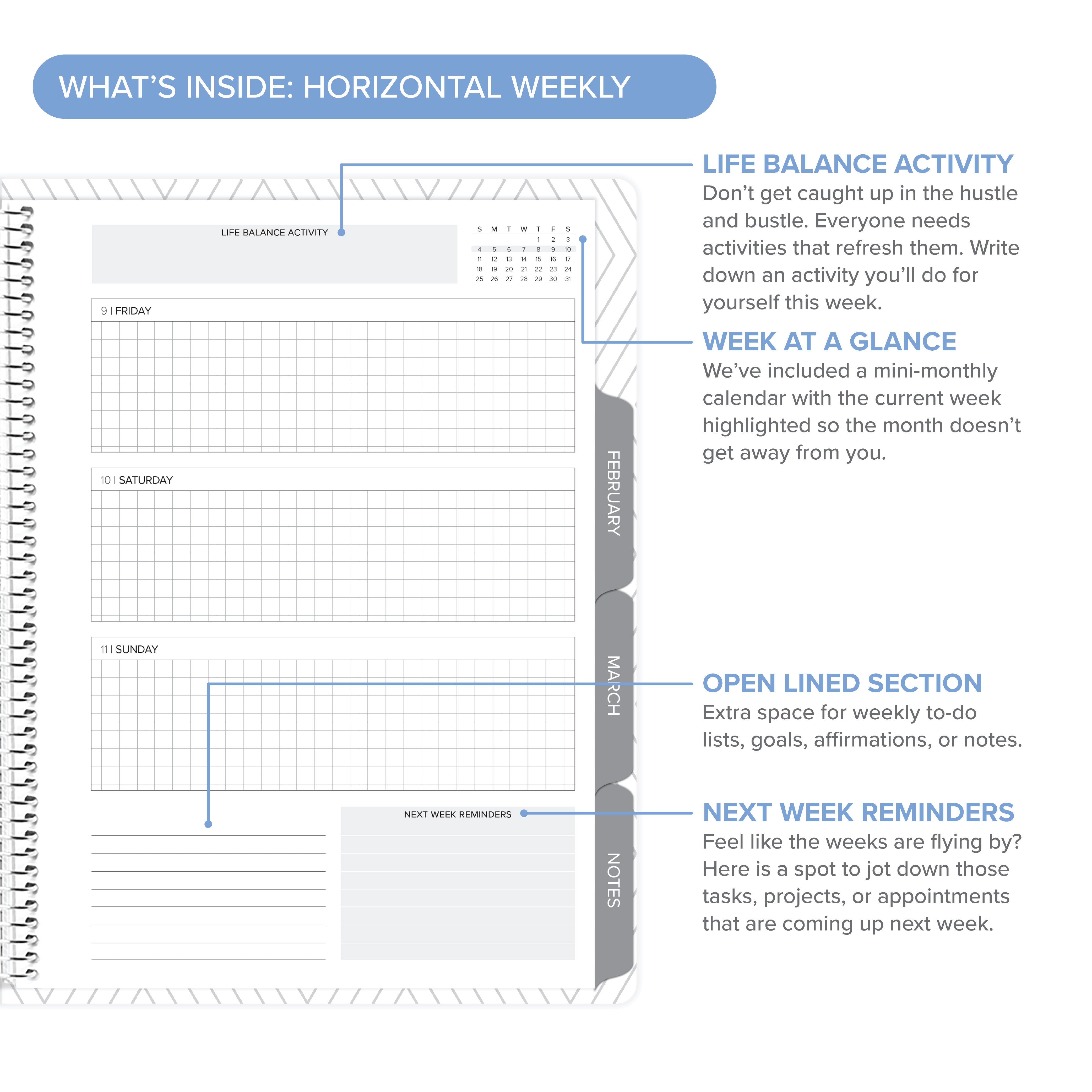 Another angle of the Horizontal Weekly layout in the Daily Planner - January-March 2026, including life balance activity sections.