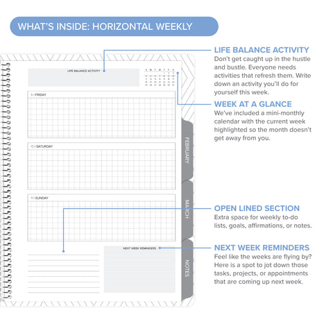 Another angle of the Horizontal Weekly layout in the Daily Planner - January-March 2026, including life balance activity sections.