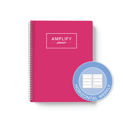 rosy outlook weekly Amplify Planner on white background with graphic showing horizontal weekly layout option