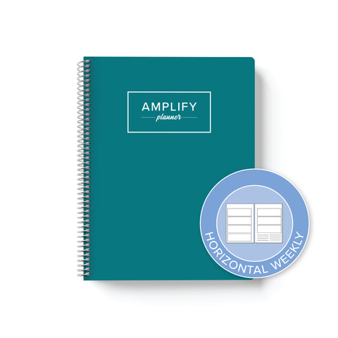 Teal Within cover with graphic indicating horizontal weekly layout option in daily undated Amplify Planner