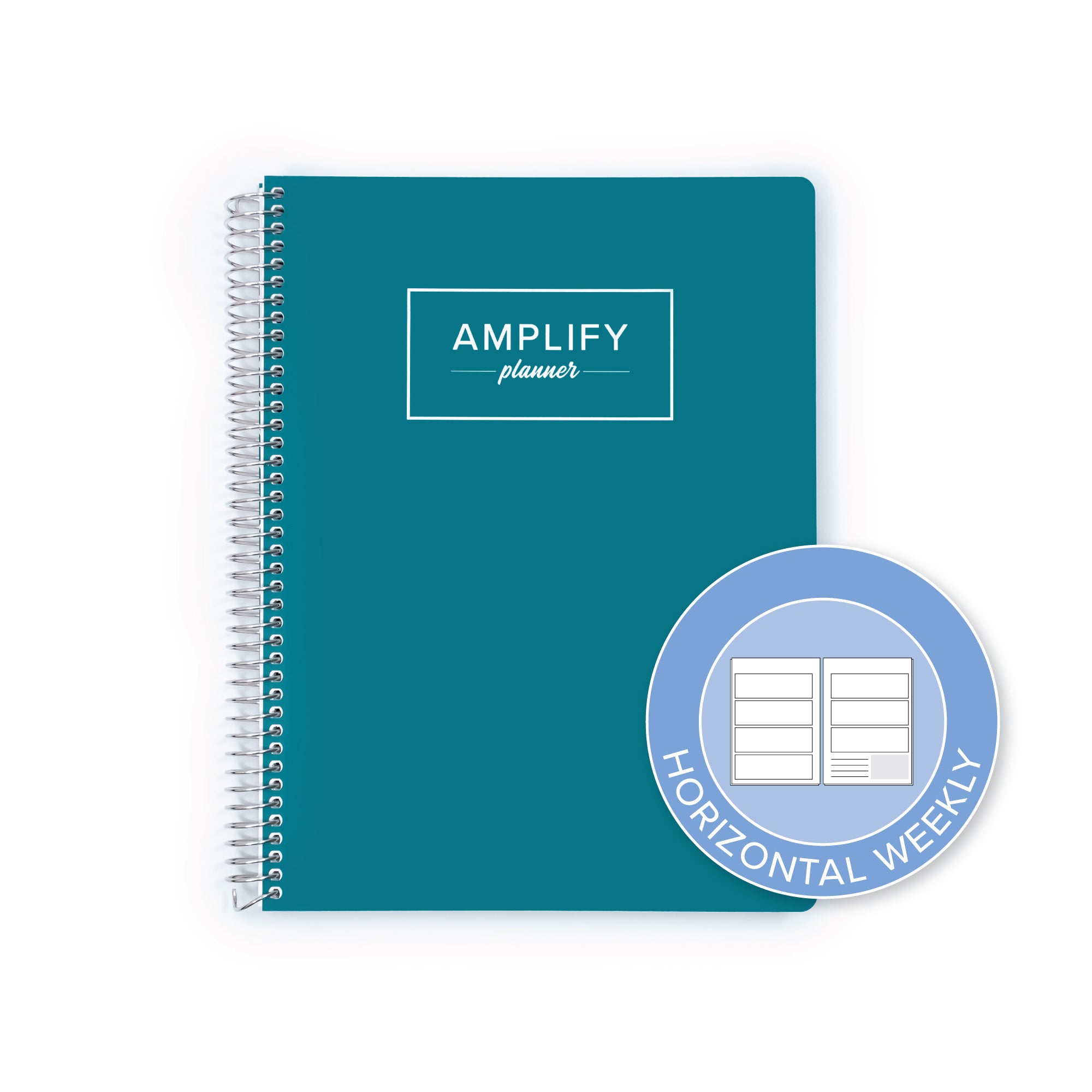 A teal spiral-bound planner labeled 'AMPLIFY planner' with a circular badge reading 'HORIZONTAL WEEKLY' on a white background.