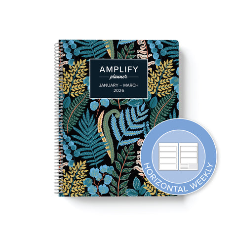 Daily Planner - January-March 2026 - Through The Ferns showcasing the horizontal weekly layout option, designed by Amplify Planner.