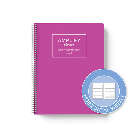 wild fuchsia cover with graphic indicating horizontal weekly layout option in Q3 2025 daily Amplify Planner