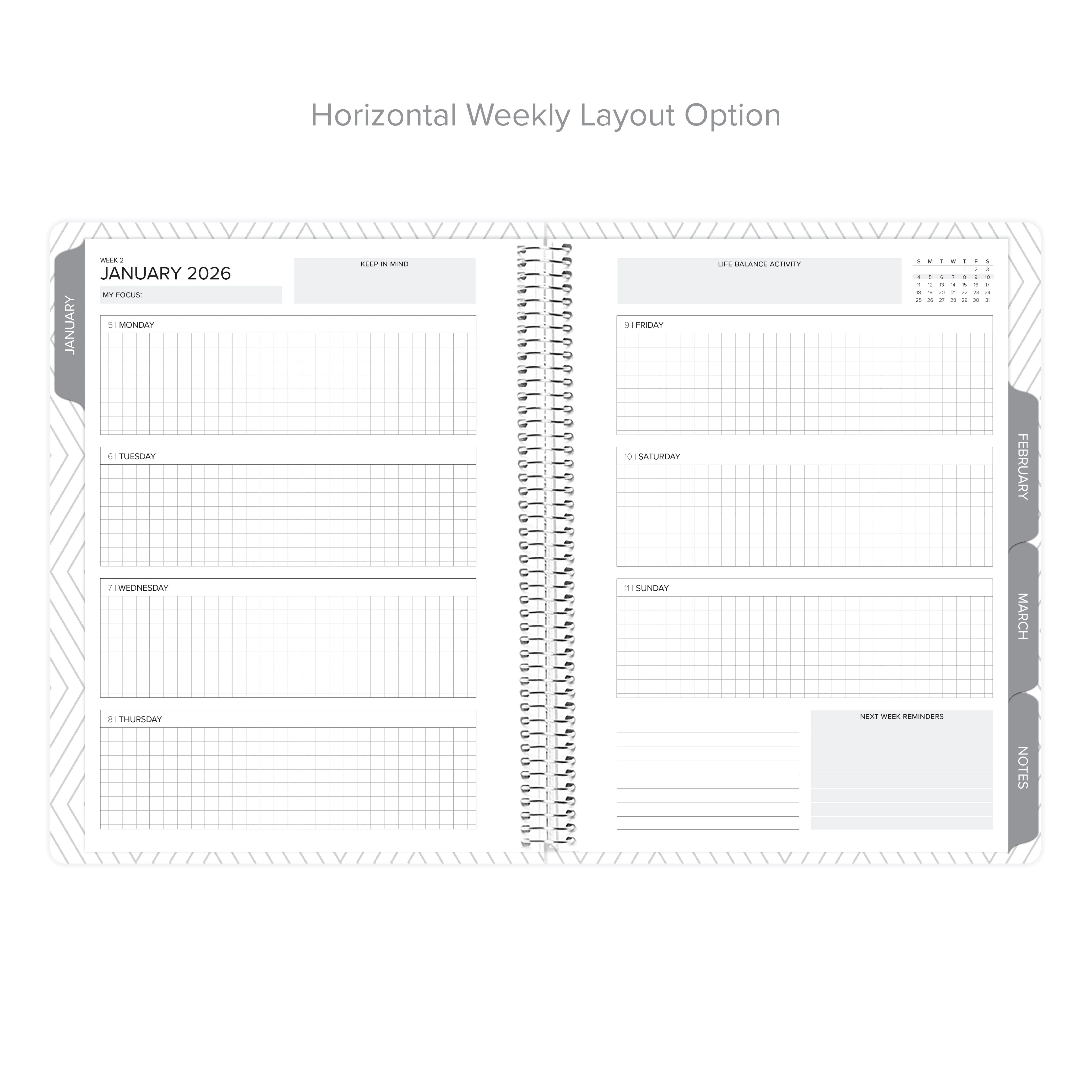 Weekly layout options displayed in the Daily Planner - January-March 2026, showing the horizontal layout for organizing daily schedules.