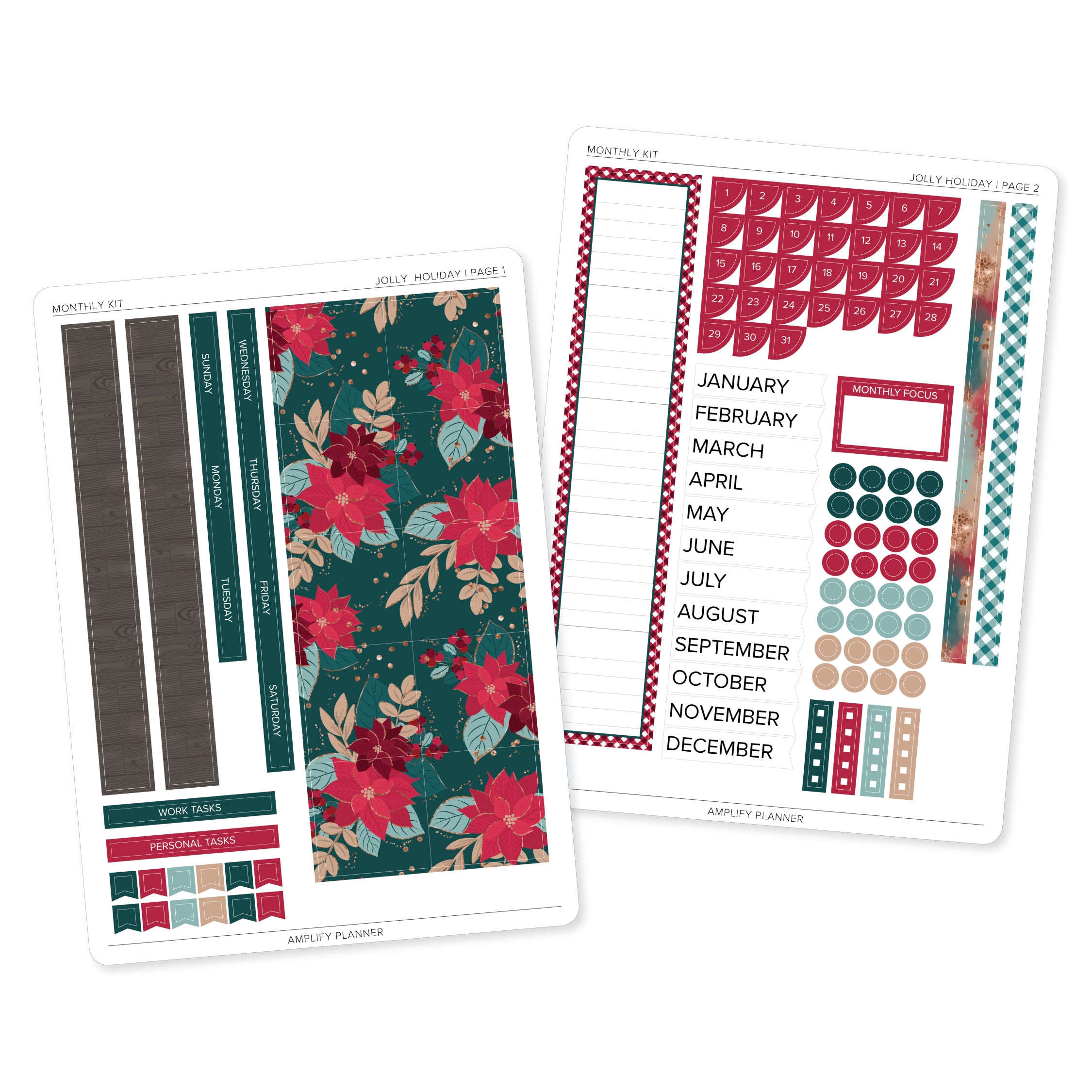 Jolly Holiday - Amplify Planner Monthly Sticker Kit includes two sheets of beautifully designed stickers featuring rich red poinsettias and elegant gold accents for festive planning.