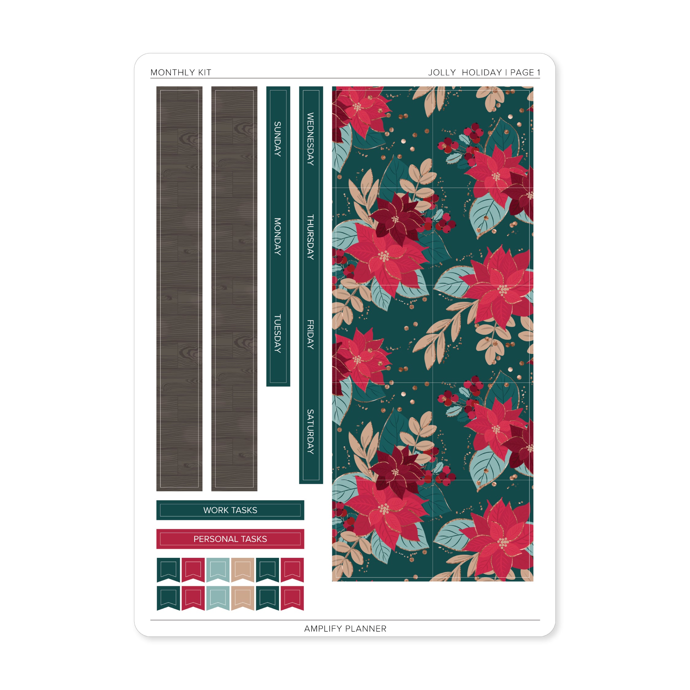 Jolly Holiday - Amplify Planner Monthly Sticker Kit Page 1 showcasing decorative elements and functional stickers for organizing tasks and adding flair to your planner.
