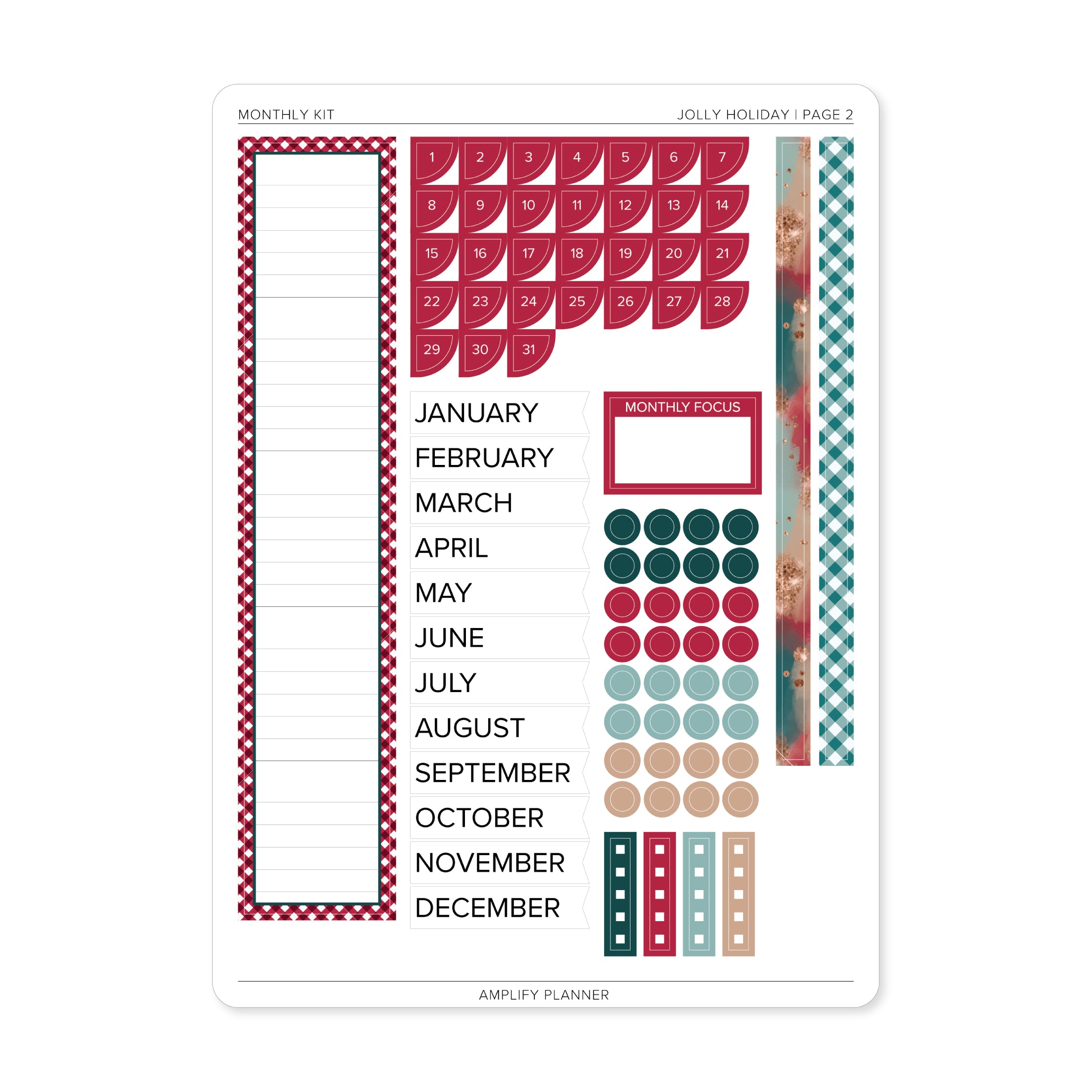 Jolly Holiday - Amplify Planner Monthly Sticker Kit Page 2 featuring an array of date stickers, monthly focus sections, and cheerful designs perfect for seasonal planning.