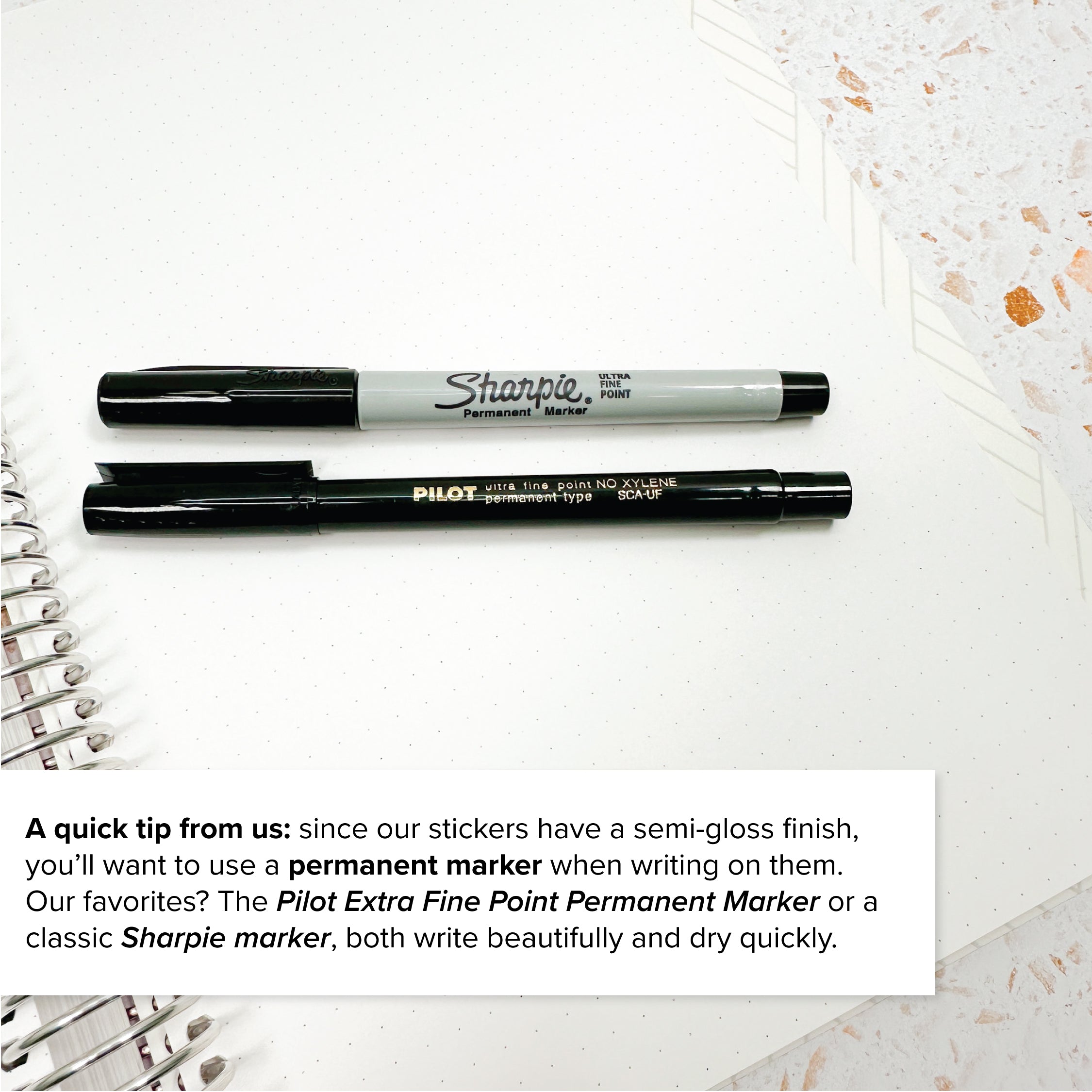 Two permanent markers: a Pilot Extra Fine Point Permanent Marker and a Sharpie, suggested for writing on Appointment Word Stickers, enhancing vibrant and smudge-free notes.