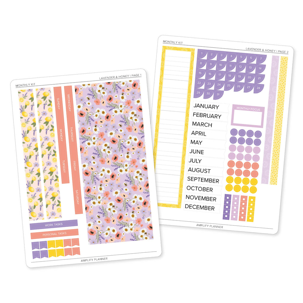 Lavender & Honey Monthly Sticker Kit featuring pastel floral planner stickers, lavender and yellow accents, and functional monthly planning stickers.