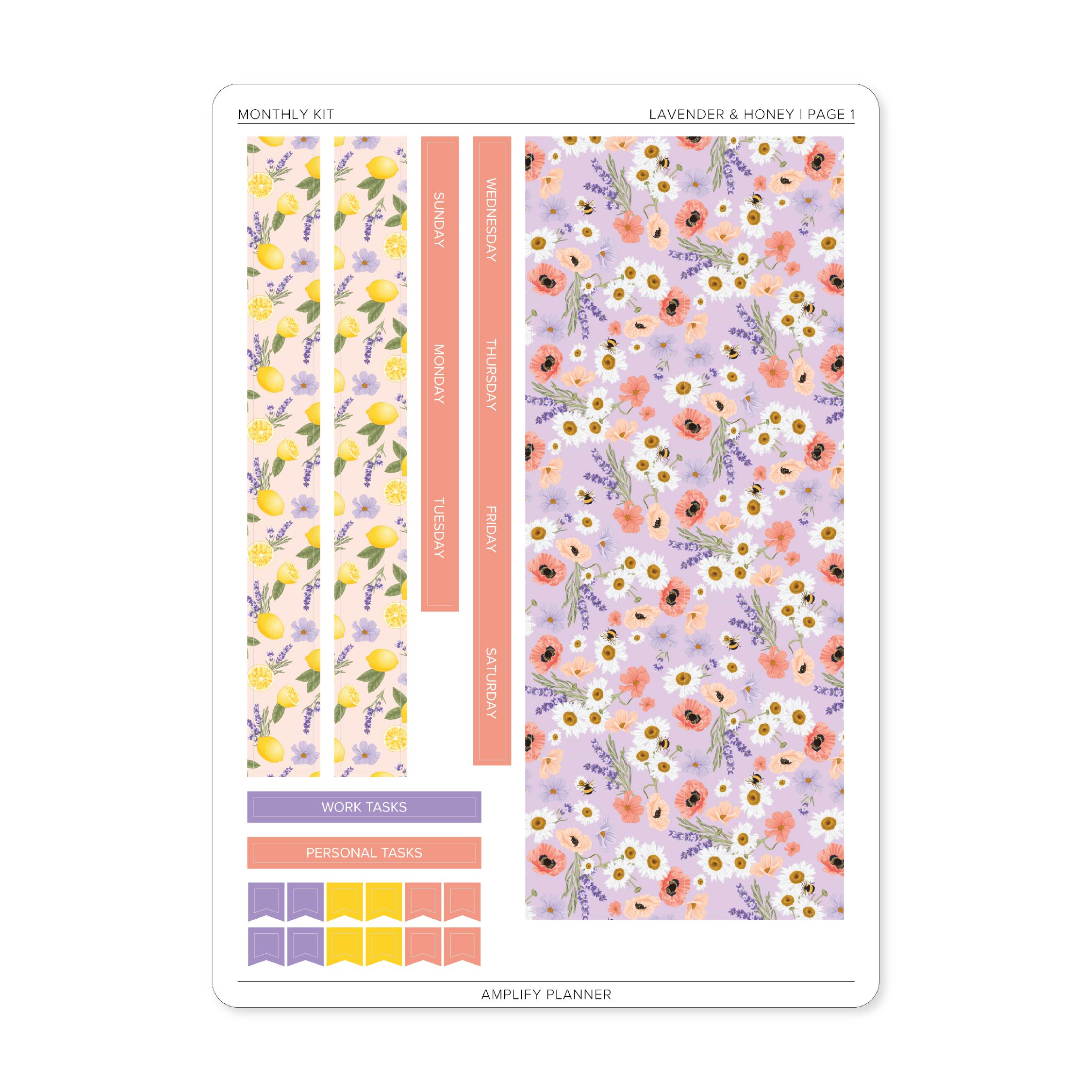 Lavender & Honey Monthly Sticker Kit page 1 featuring floral monthly box covers, lemon patterned strips, task labels, and weekday headers.