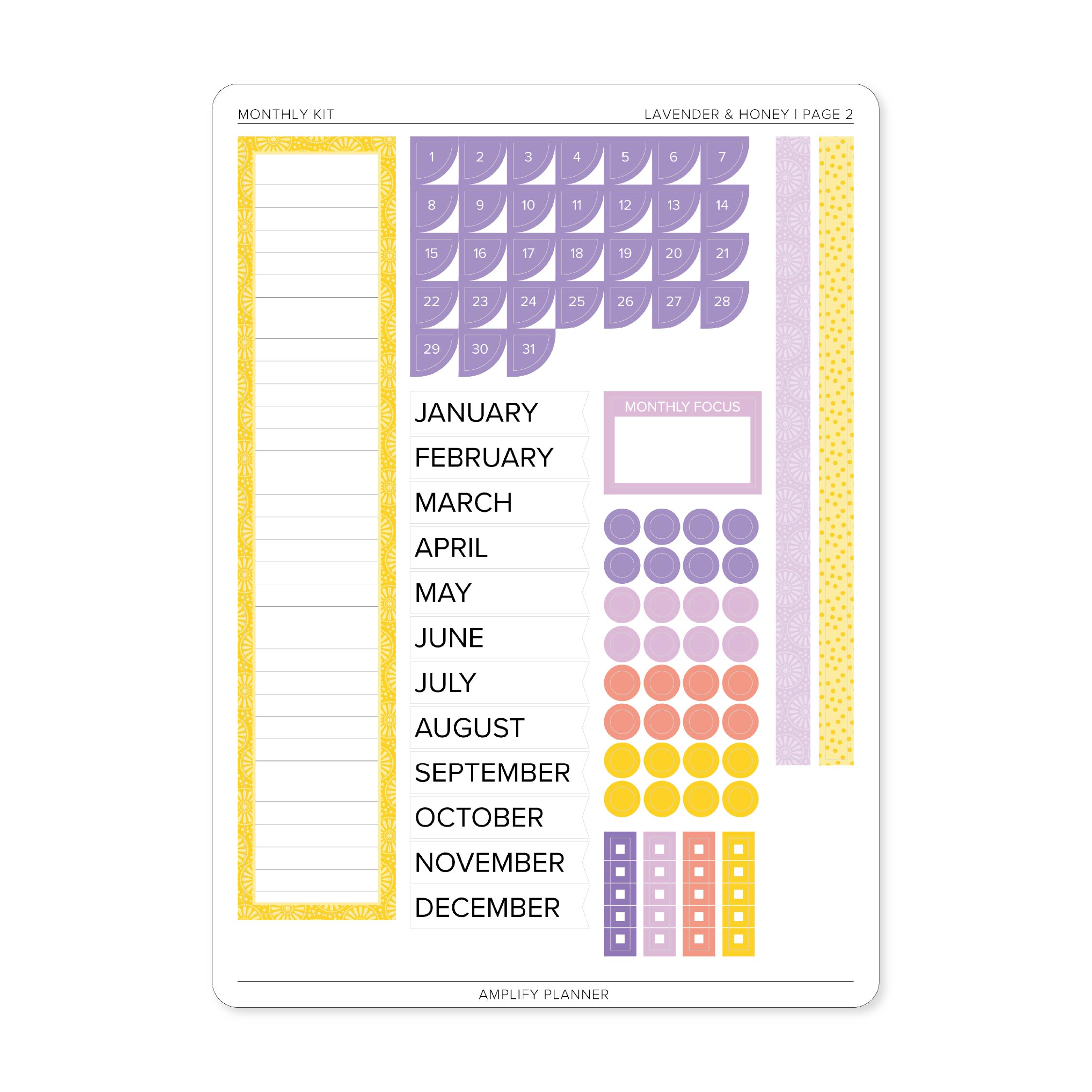 Lavender & Honey Monthly Sticker Kit page 2 featuring date covers, monthly labels, decorative circles, checklist stickers, and patterned washi strips.