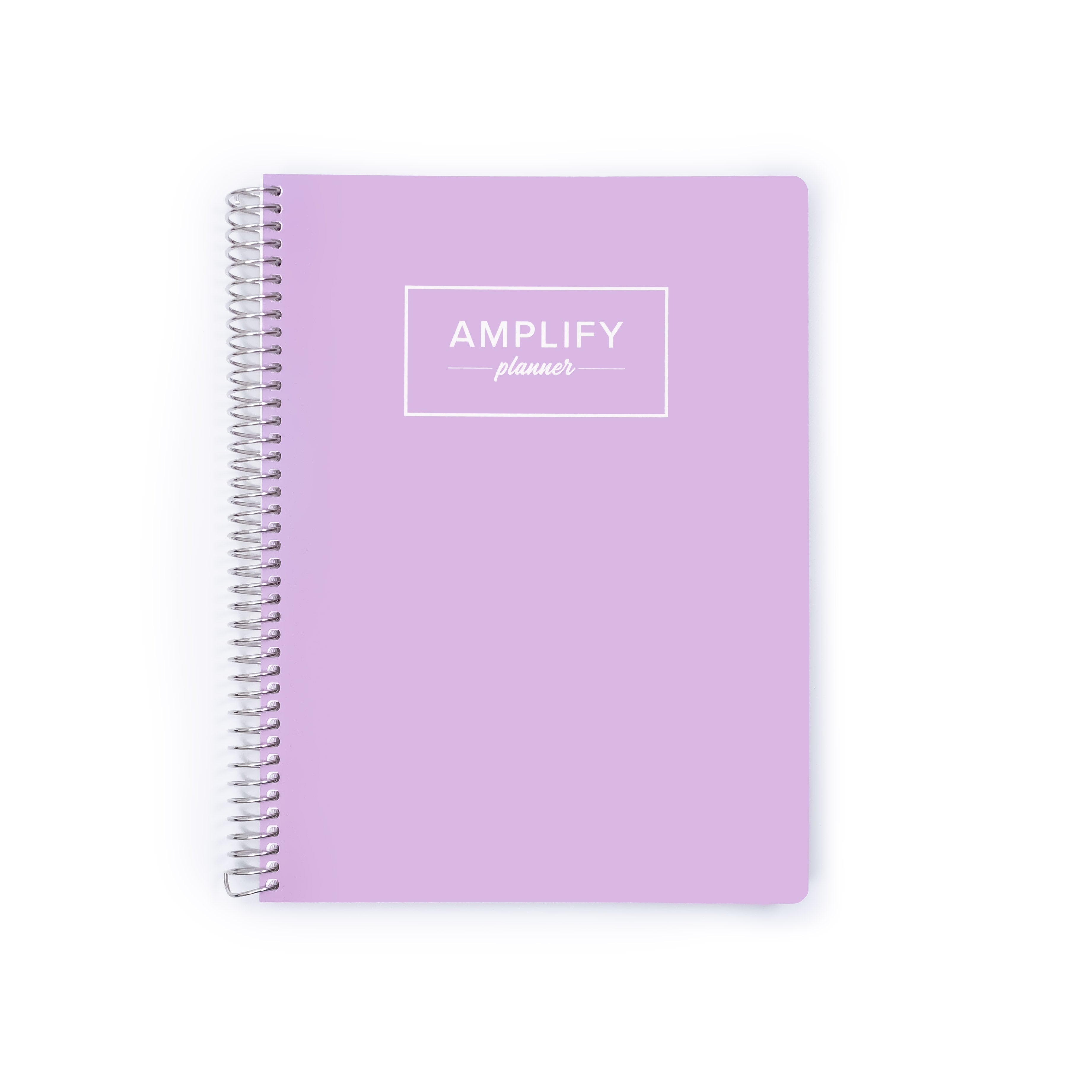 A lavender purple spiral-bound planner with a white logo reading 'AMPLIFY planner' on the front cover, shown on a plain white background.
