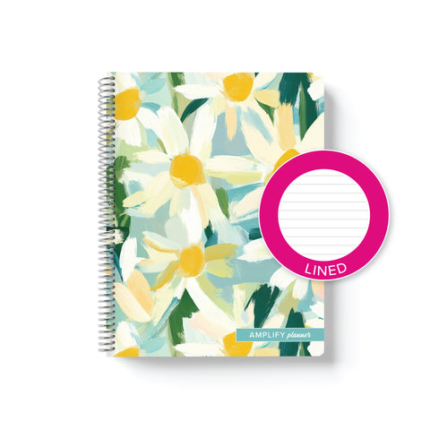 Daisy Days Amplify Planner Spiral Notebook on a white background with an emblem designating Lined Paper. 
