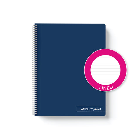 Midnight Pages Amplify Planner Spiral Notebook on a white background with an emblem designating Lined Paper. 