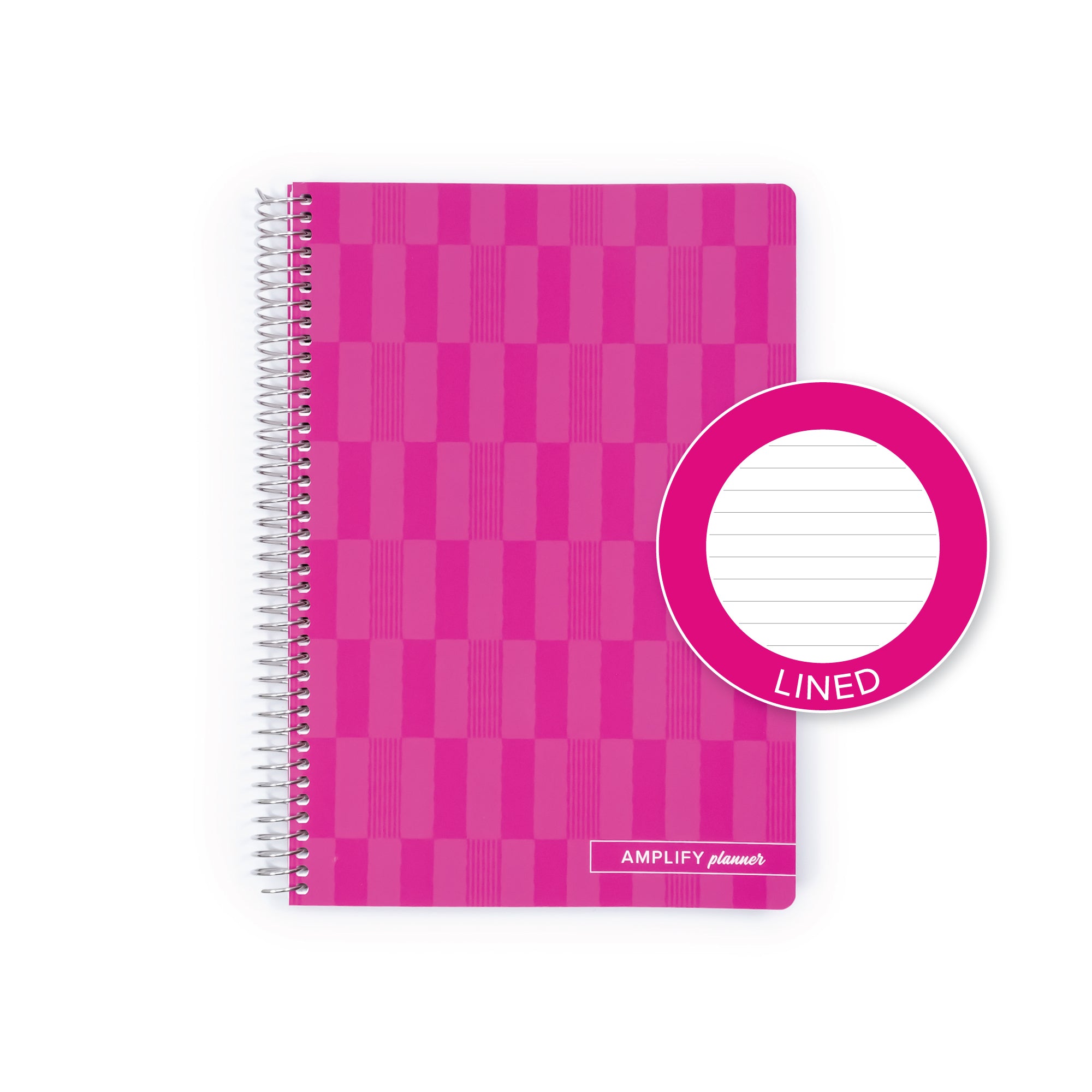 A pink spiral-bound planner with a checkerboard pattern cover, shown on a white background with a circular inset showing the lined 'lined' page inside.