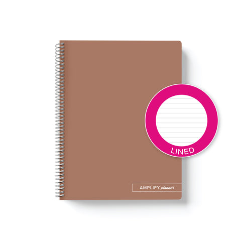 Rooted Brown Amplify Planner Spiral Notebook on a white background with an emblem designating Lined Paper. 