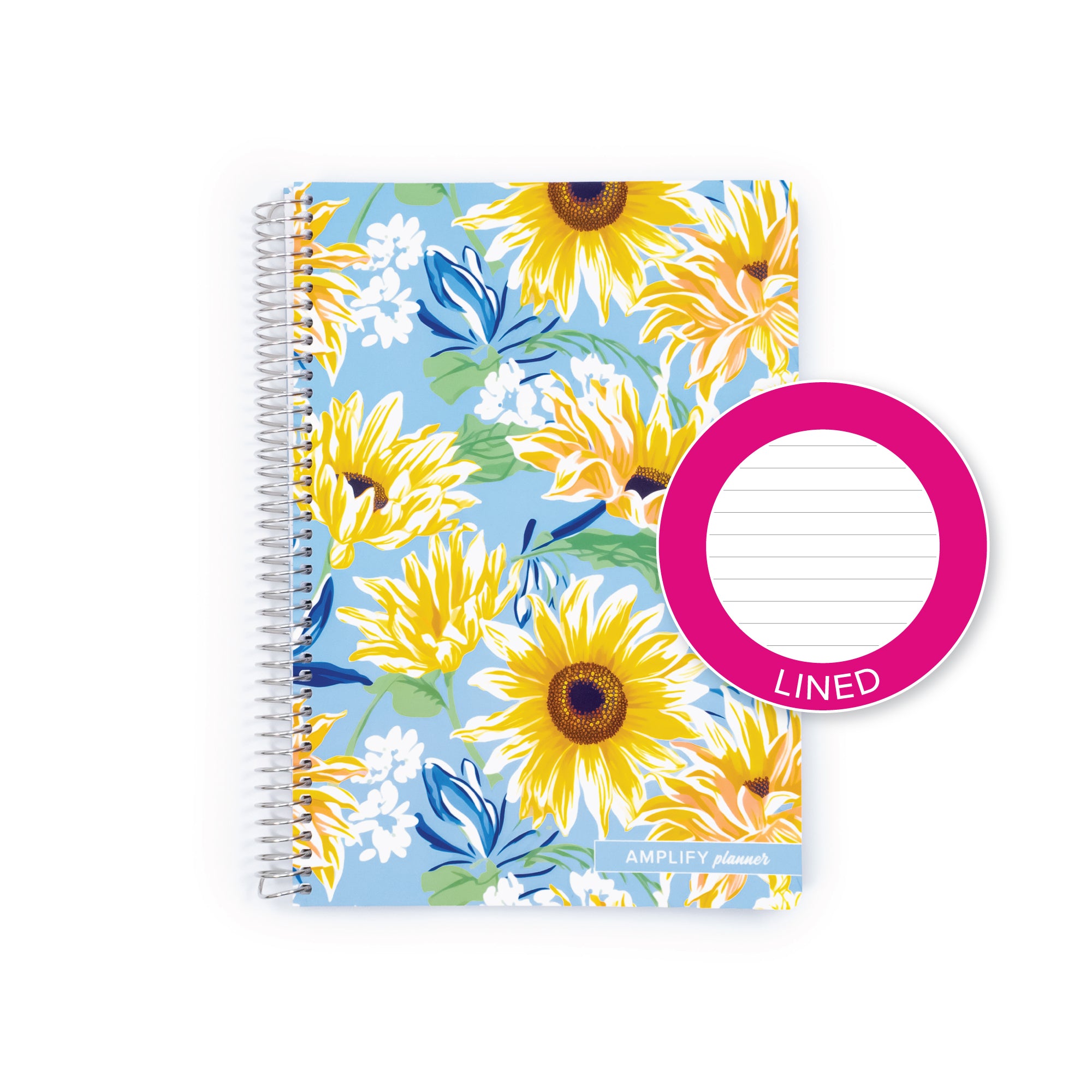A spiral-bound planner notebook with a light blue background and a floral pattern of yellow sunflowers, white flowers, and blue butterflies, shown with a pink circular 'LINED' sticker overlay on the right.