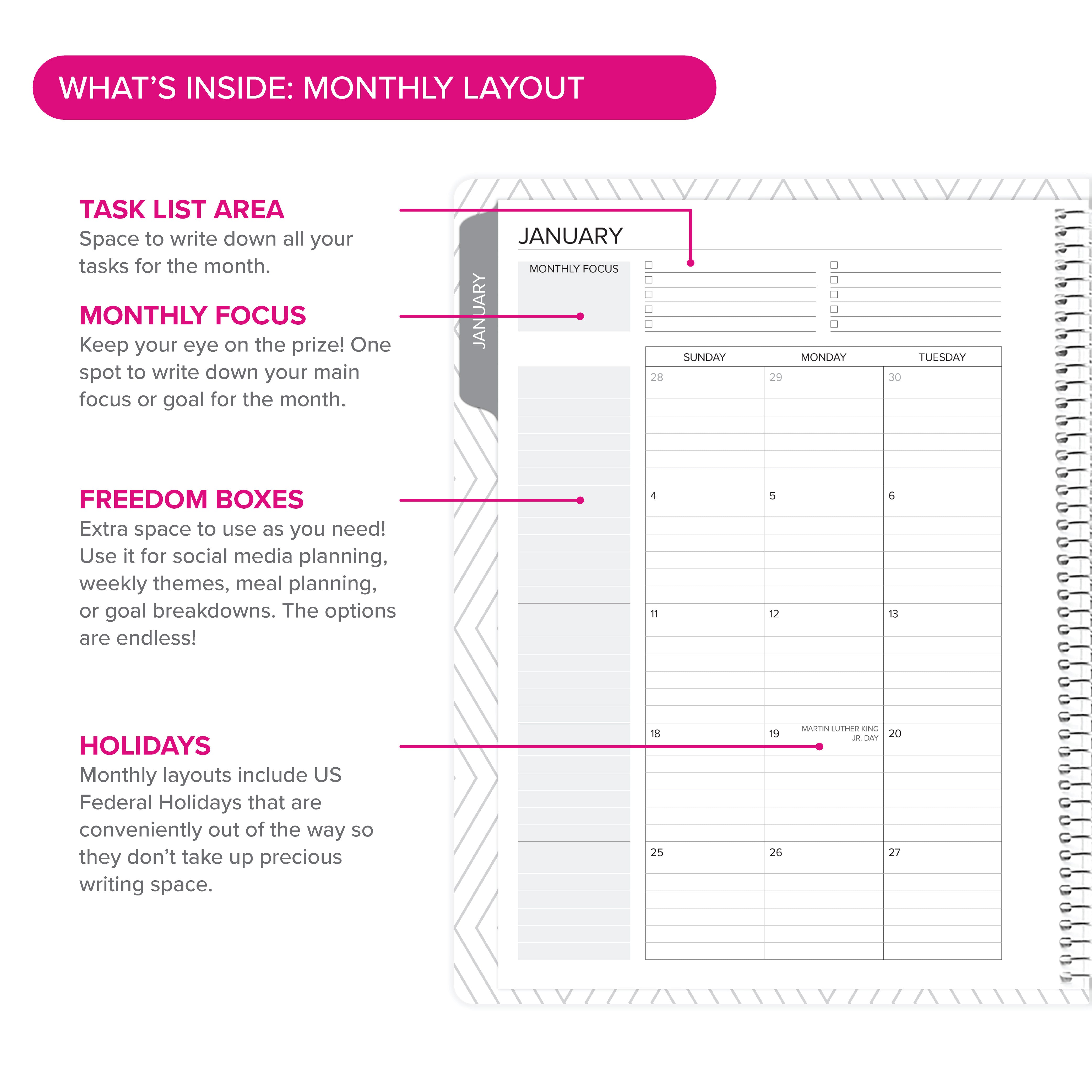 Monthly layout features in the Daily Planner - January-March 2026, describing task lists, monthly focus, and holiday reminders.