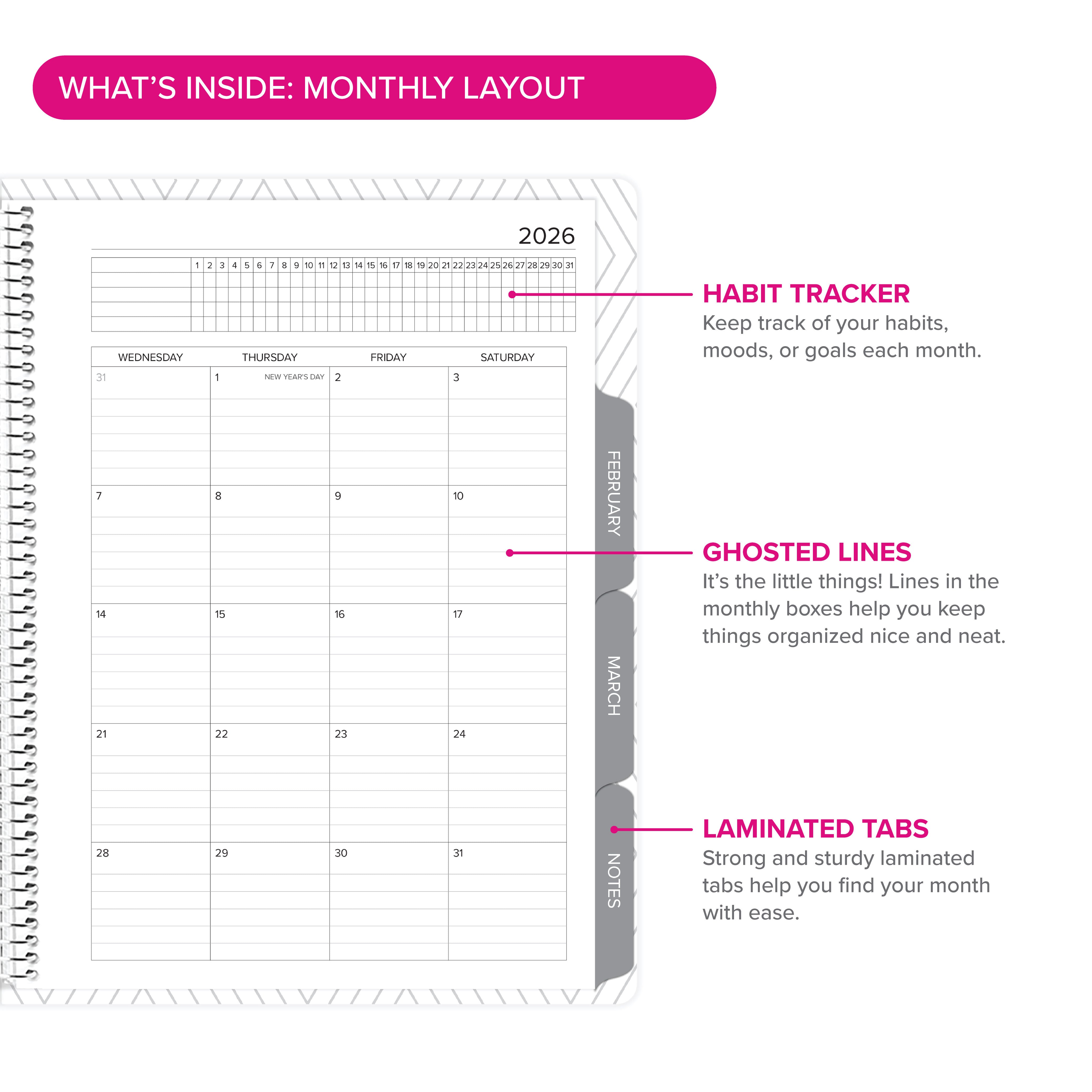 Additional details of the Monthly layout in the Daily Planner - January-March 2026, showcasing habit trackers and ghosted lines for organization.