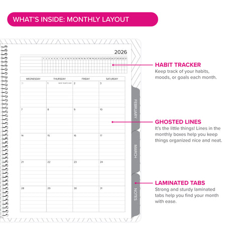 Additional details of the Monthly layout in the Daily Planner - January-March 2026, showcasing habit trackers and ghosted lines for organization.