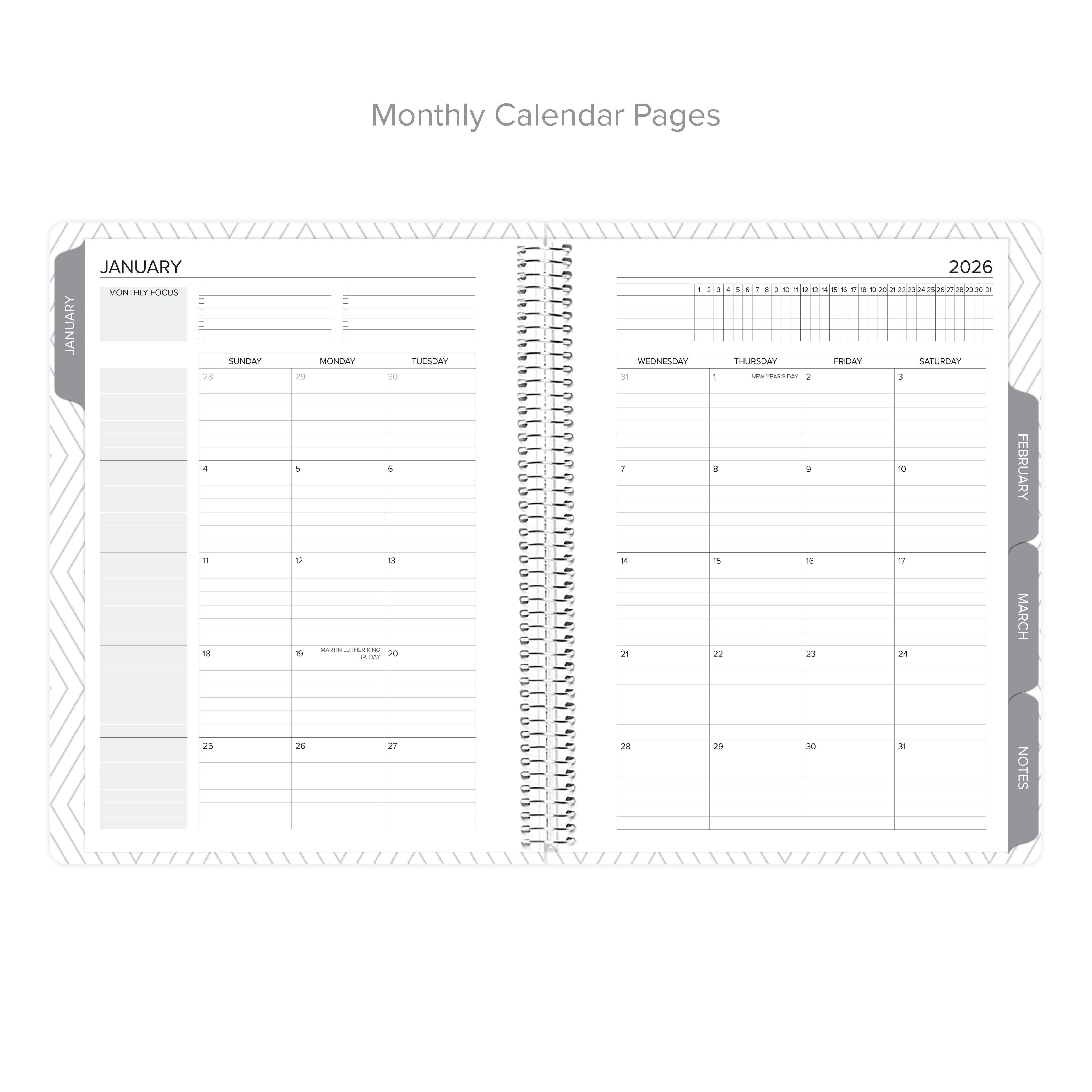 Monthly Calendar Pages of the Daily Planner - January-March 2026, depicting the layout for January with space for appointments and focus areas.