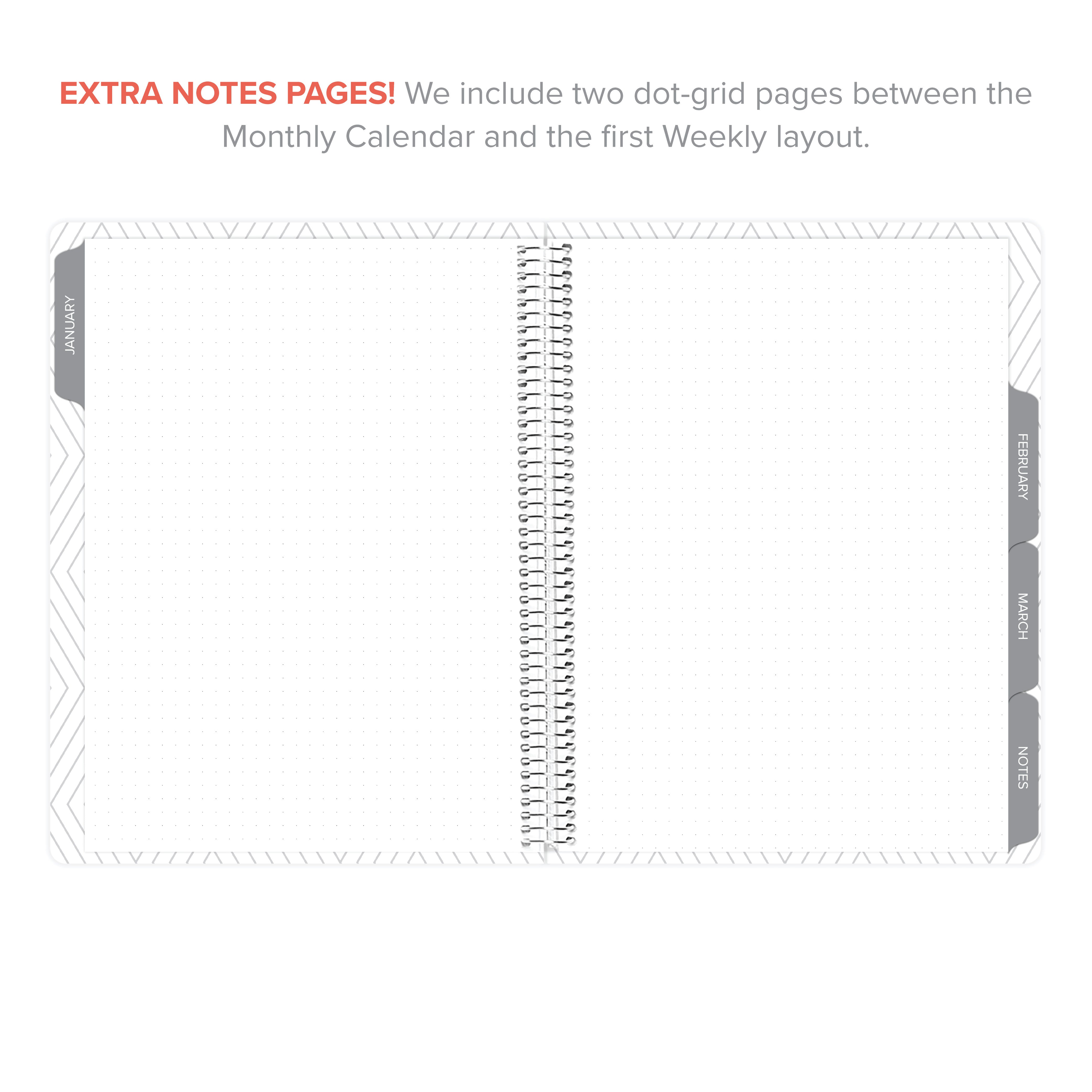 Extra Notes pages featured in the Daily Planner - January-March 2026, including dot-grid pages for free writing or sketching.