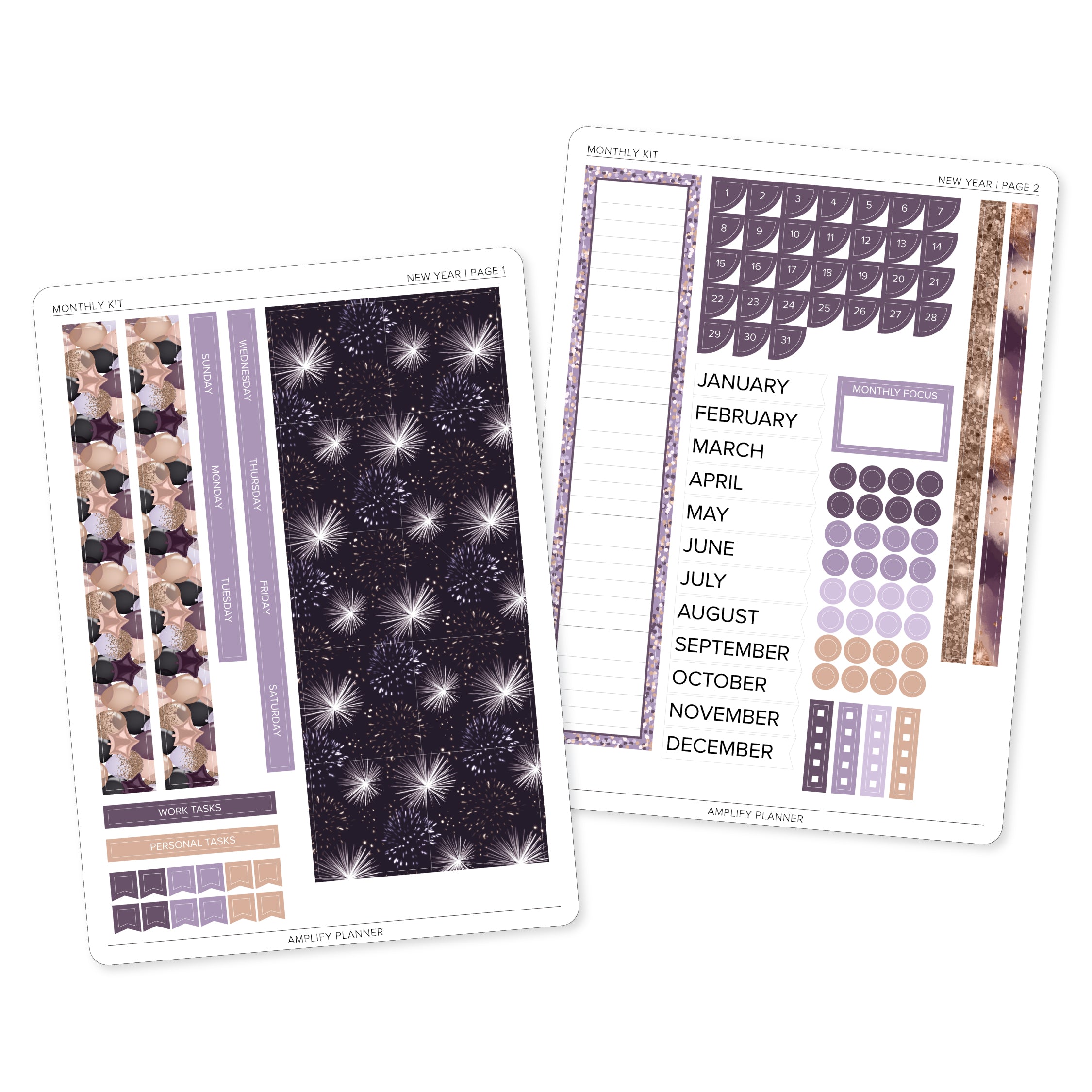 New Year - Amplify Planner Monthly Sticker Kit showcasing two pages of colorful stickers including fireworks, date covers, and task labels.