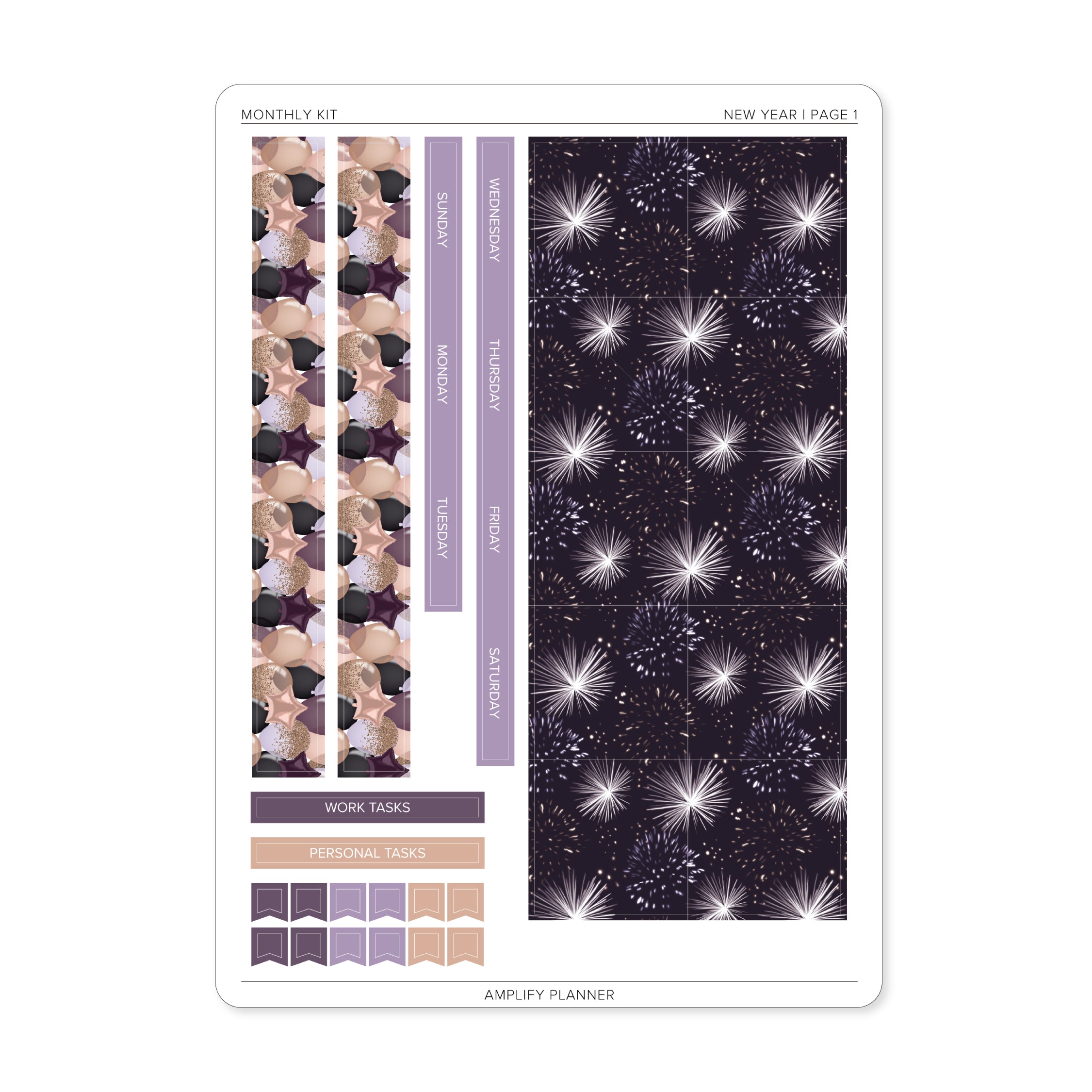 New Year - Amplify Planner Monthly Sticker Kit page highlighting decorative stickers with fireworks and task stickers for work and personal use.